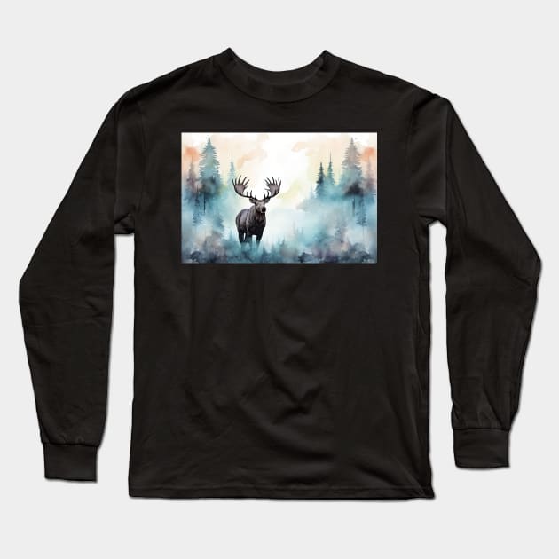 Misty boreal watercolor moose Long Sleeve T-Shirt by etherElric